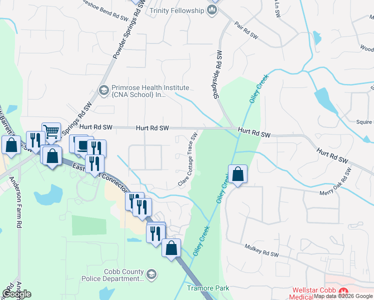 map of restaurants, bars, coffee shops, grocery stores, and more near 3460 Clare Cottage Trace Southwest in Marietta