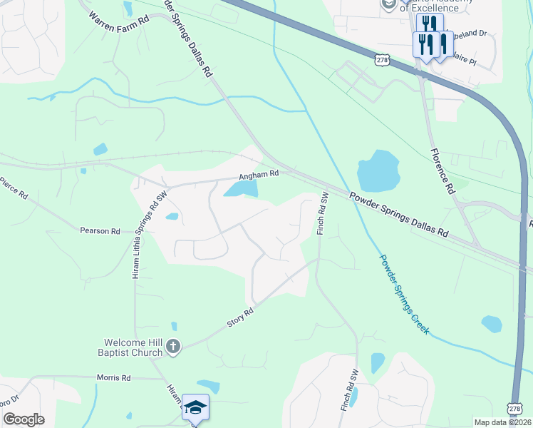 map of restaurants, bars, coffee shops, grocery stores, and more near 5653 Walnut Mill Lane in Hiram
