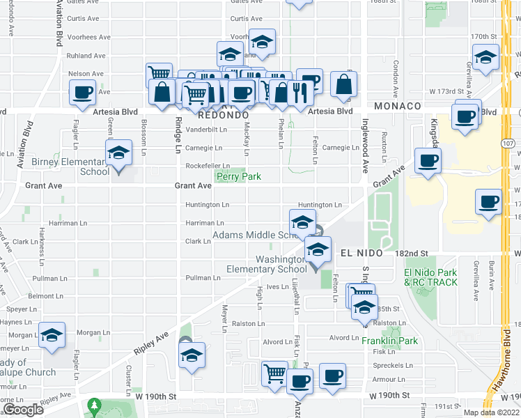 map of restaurants, bars, coffee shops, grocery stores, and more near 2408 Huntington Lane in Redondo Beach