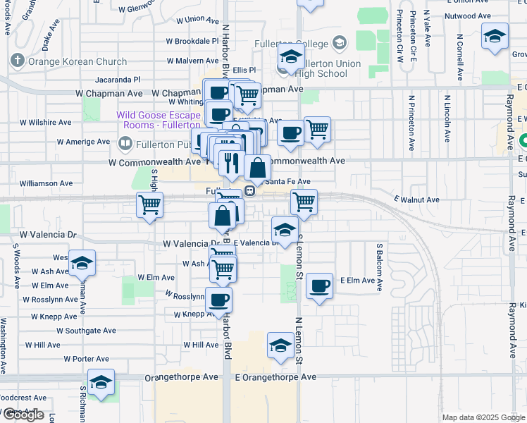 map of restaurants, bars, coffee shops, grocery stores, and more near 283 Rail Way in Fullerton