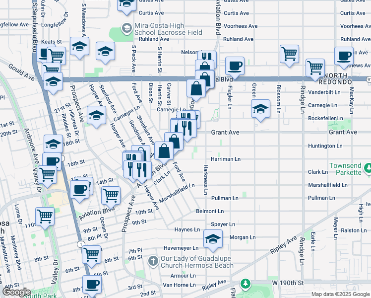 map of restaurants, bars, coffee shops, grocery stores, and more near 1525 Aviation Boulevard in Redondo Beach