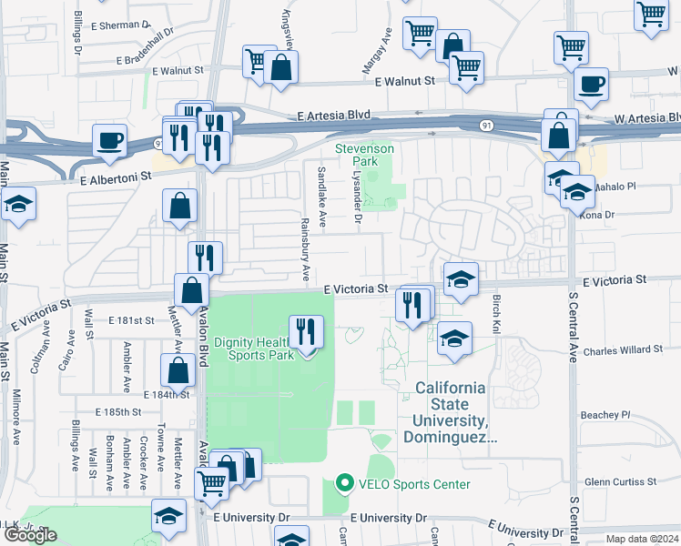 map of restaurants, bars, coffee shops, grocery stores, and more near 849 East Victoria Street in Carson