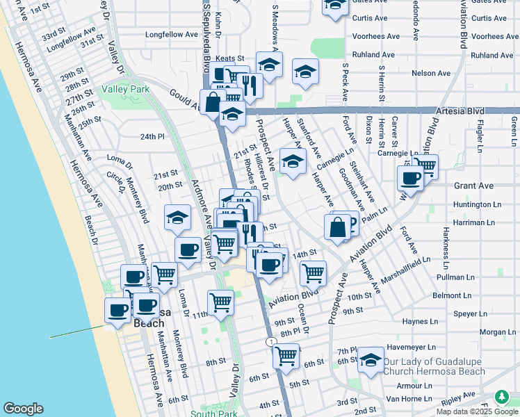 map of restaurants, bars, coffee shops, grocery stores, and more near 909 17th Street in Hermosa Beach