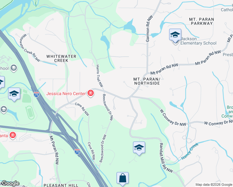 map of restaurants, bars, coffee shops, grocery stores, and more near 1673 Mount Paran Road Northwest in Atlanta