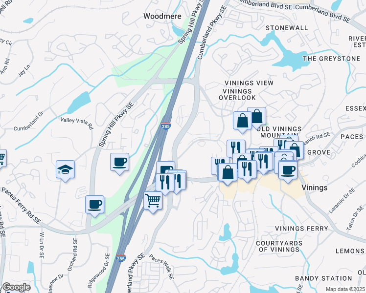 map of restaurants, bars, coffee shops, grocery stores, and more near 2500 Cumberland Parkway Southeast in Atlanta