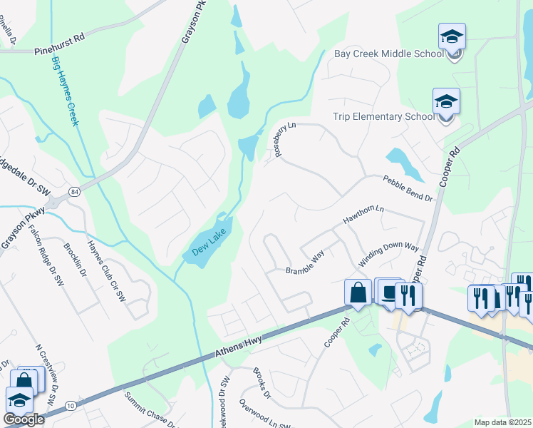 map of restaurants, bars, coffee shops, grocery stores, and more near 2528 Farmstead Court in Grayson