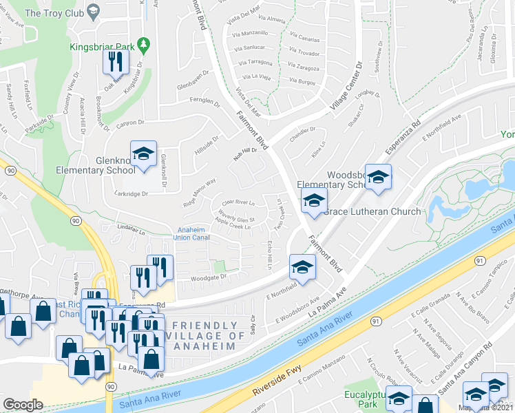 map of restaurants, bars, coffee shops, grocery stores, and more near 20267 Clear River Lane in Yorba Linda