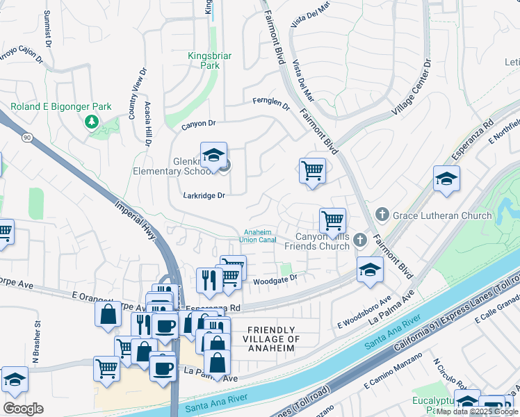 map of restaurants, bars, coffee shops, grocery stores, and more near 19868 Grace Haven Way in Yorba Linda