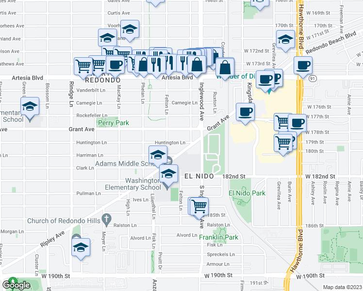 map of restaurants, bars, coffee shops, grocery stores, and more near 2614 Huntington Lane in Redondo Beach