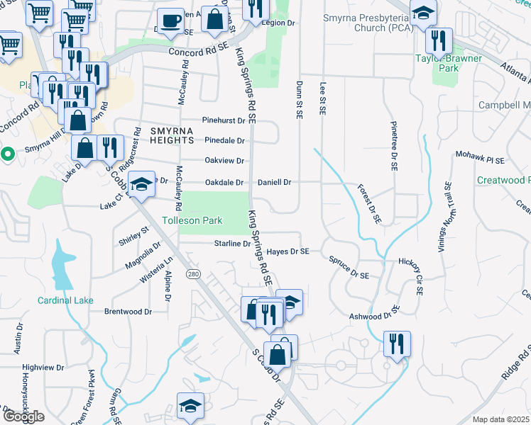 map of restaurants, bars, coffee shops, grocery stores, and more near 3532 Dunn Street Southeast in Smyrna