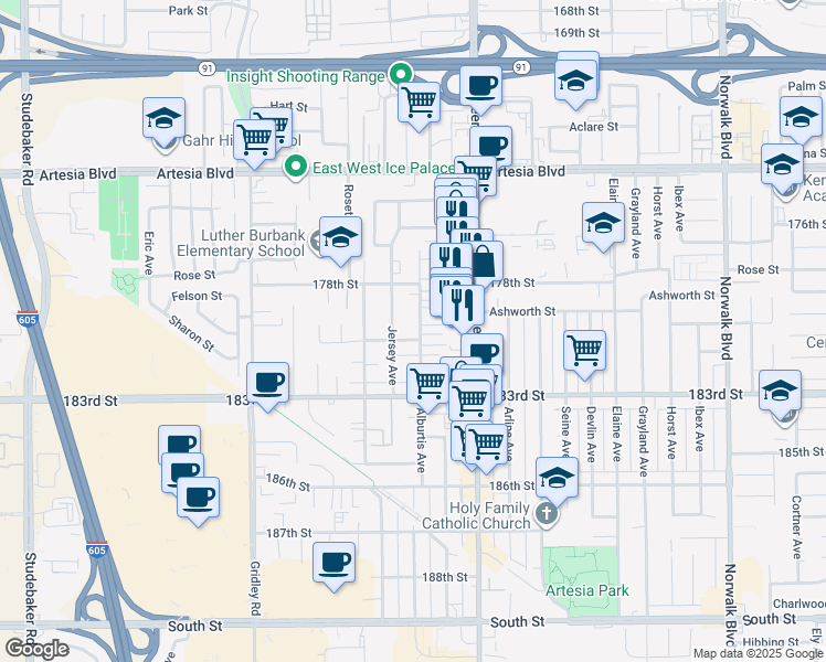map of restaurants, bars, coffee shops, grocery stores, and more near 17833 Alburtis Avenue in Artesia