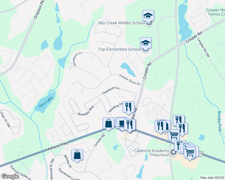 map of restaurants, bars, coffee shops, grocery stores, and more near 916 Hawthorn Lane in Grayson