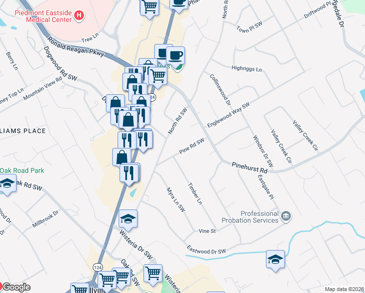 map of restaurants, bars, coffee shops, grocery stores, and more near 2151 Pine Road Southwest in Snellville