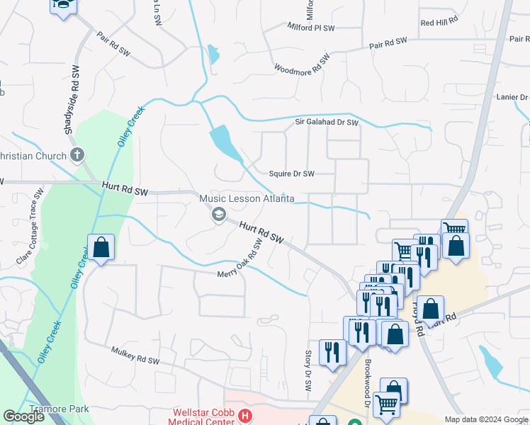 map of restaurants, bars, coffee shops, grocery stores, and more near 1798 Killarney Drive Southwest in Marietta