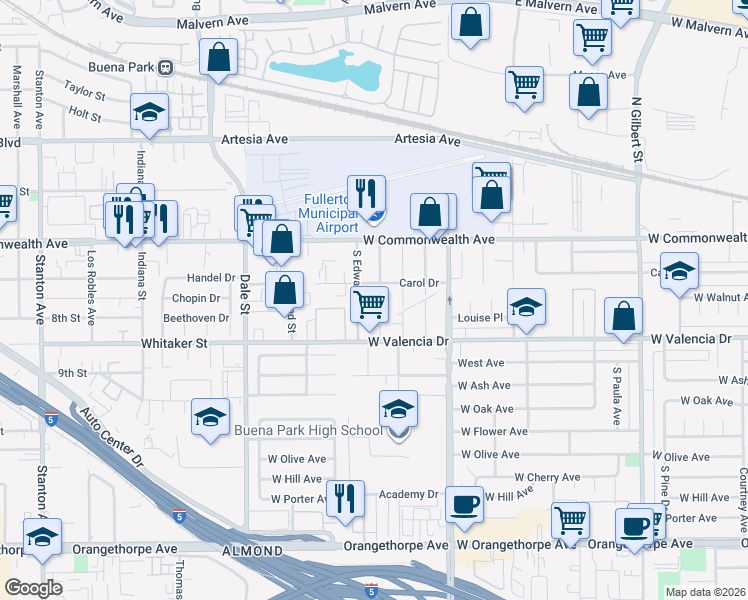 map of restaurants, bars, coffee shops, grocery stores, and more near 4005 Carol Drive in Fullerton