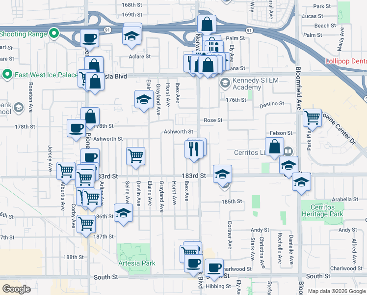 map of restaurants, bars, coffee shops, grocery stores, and more near 12118 Ashworth Street in Artesia