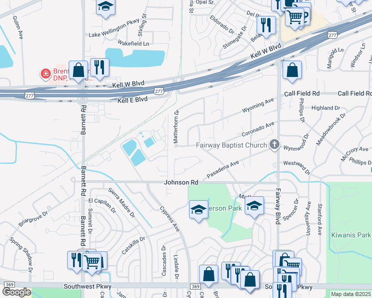 map of restaurants, bars, coffee shops, grocery stores, and more near 4876 Matterhorn Drive in Wichita Falls