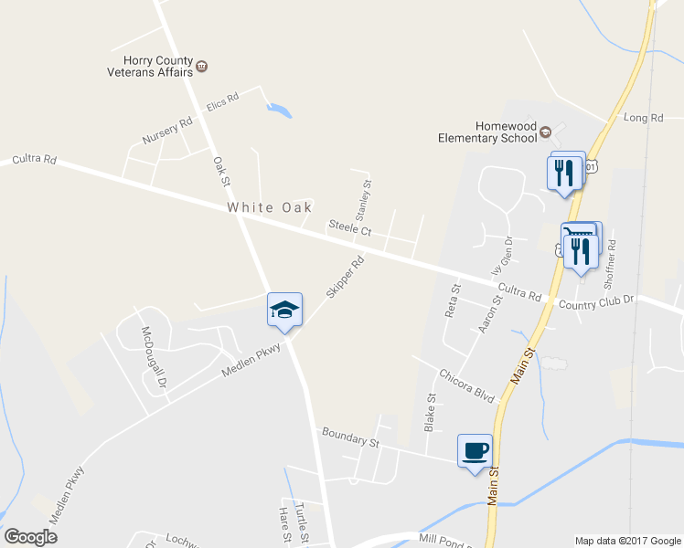 map of restaurants, bars, coffee shops, grocery stores, and more near 407 Skipper Road in Conway