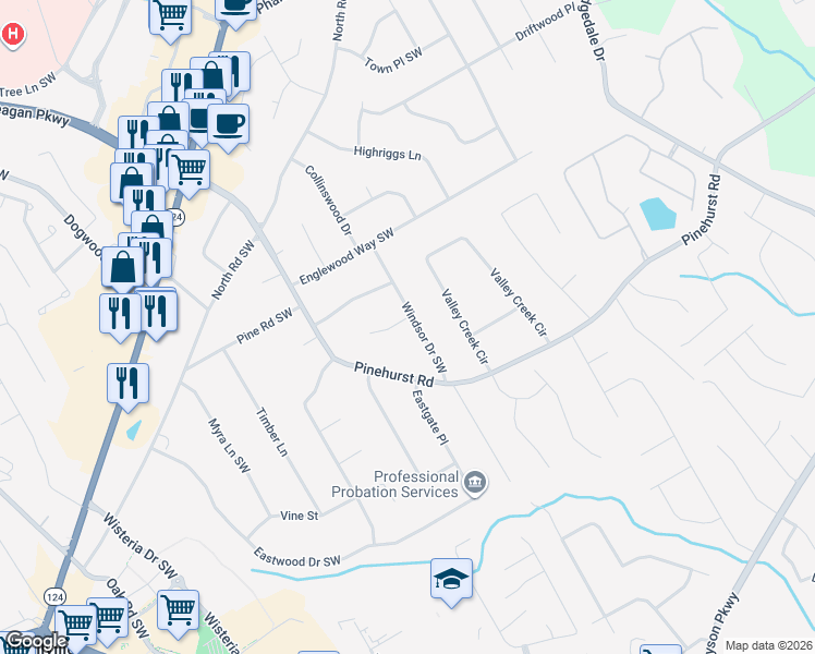 map of restaurants, bars, coffee shops, grocery stores, and more near 2187 Windsor Drive Southwest in Snellville