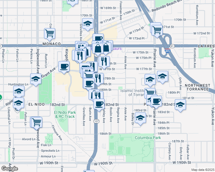 map of restaurants, bars, coffee shops, grocery stores, and more near 4332 West 178th Street in Torrance