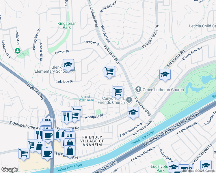 map of restaurants, bars, coffee shops, grocery stores, and more near 20267 Clear River Lane in Yorba Linda