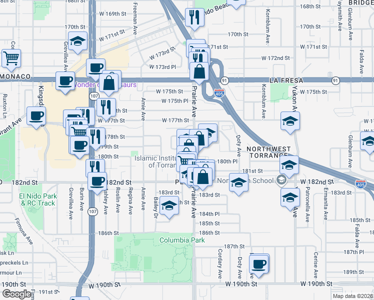 map of restaurants, bars, coffee shops, grocery stores, and more near 4010 179th Street in Torrance