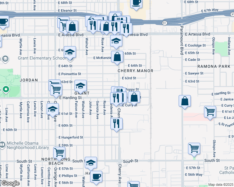map of restaurants, bars, coffee shops, grocery stores, and more near 6221 Cherry Avenue in Long Beach