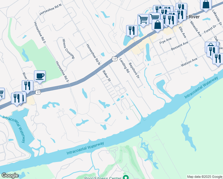 map of restaurants, bars, coffee shops, grocery stores, and more near 4305 River Gate Lane in Little River