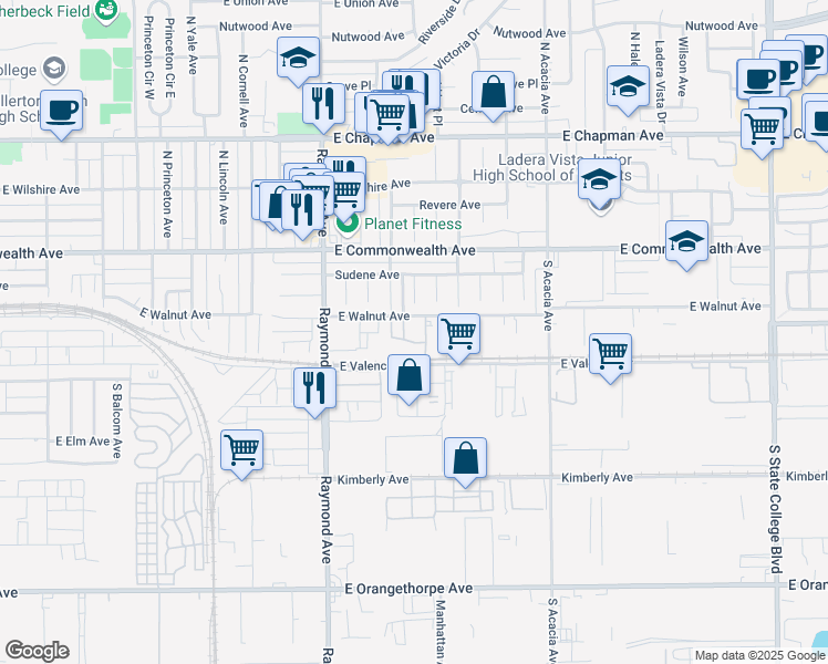 map of restaurants, bars, coffee shops, grocery stores, and more near 1420 East Walnut Avenue in Fullerton