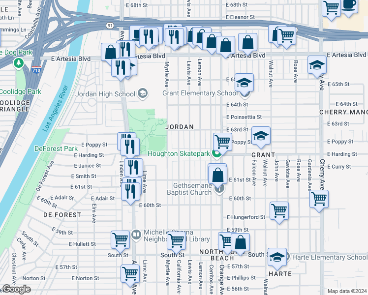 map of restaurants, bars, coffee shops, grocery stores, and more near 6224 California Avenue in Long Beach