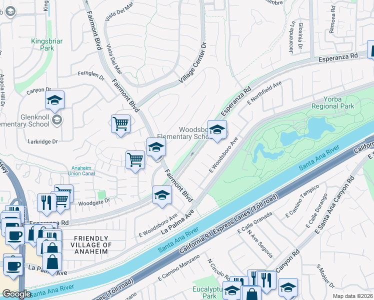 map of restaurants, bars, coffee shops, grocery stores, and more near 20180 Pingree Way in Yorba Linda