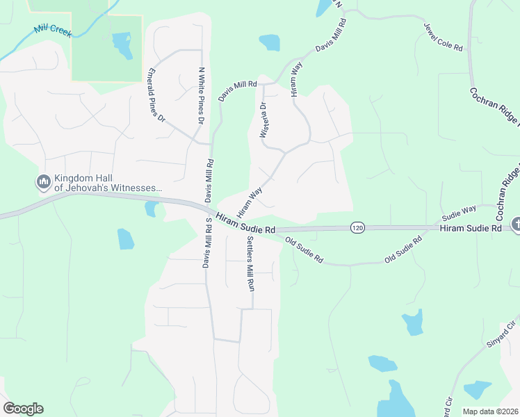 map of restaurants, bars, coffee shops, grocery stores, and more near 52 Wisteria Court in Hiram
