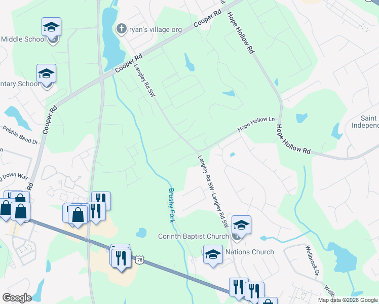 map of restaurants, bars, coffee shops, grocery stores, and more near 653 Hope Hollow Lane in Loganville