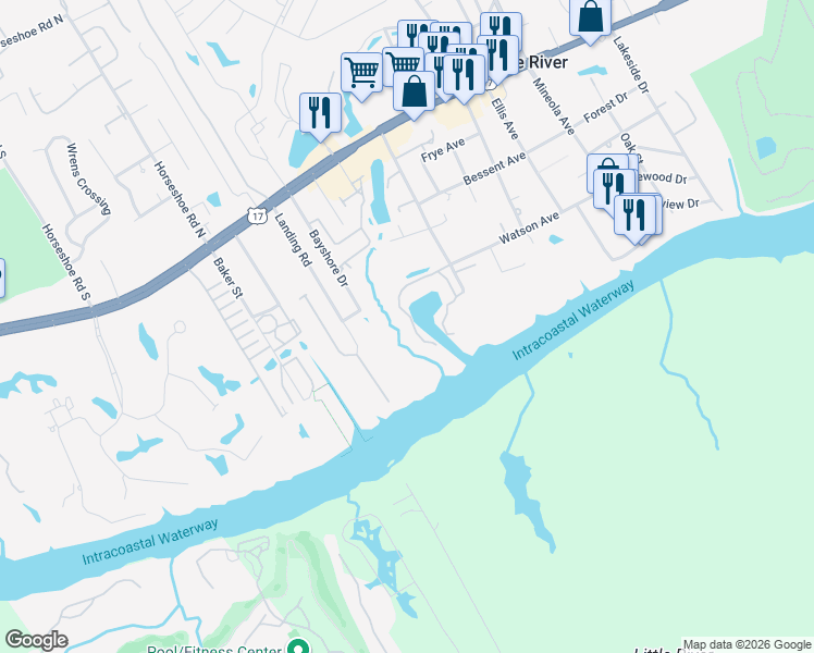 map of restaurants, bars, coffee shops, grocery stores, and more near 1468 South Mariners Pointe in Little River