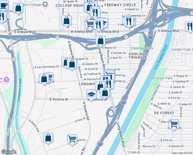 map of restaurants, bars, coffee shops, grocery stores, and more near 91 West Trafford Street in Long Beach