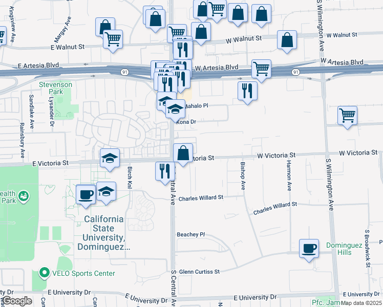 map of restaurants, bars, coffee shops, grocery stores, and more near 1434 Vigilant in Carson