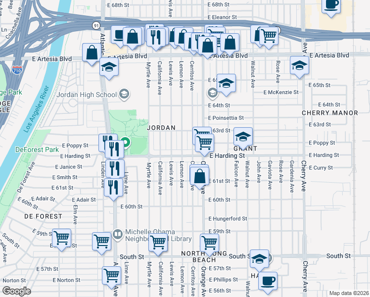 map of restaurants, bars, coffee shops, grocery stores, and more near 6228 Lemon Avenue in Long Beach