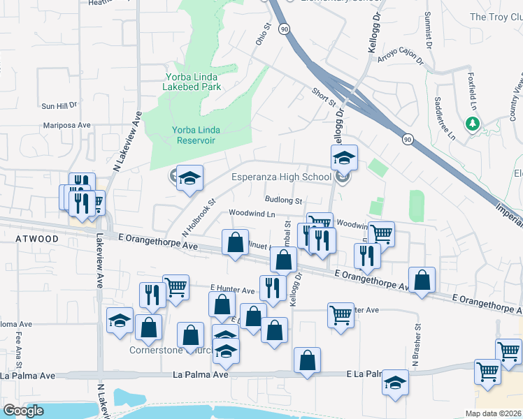map of restaurants, bars, coffee shops, grocery stores, and more near 18571 Woodwind Lane in Anaheim