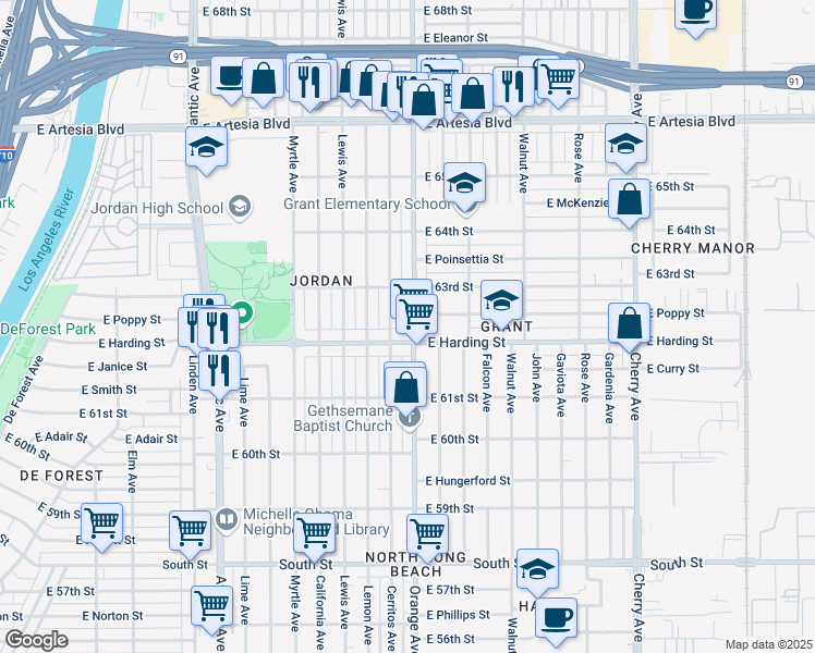 map of restaurants, bars, coffee shops, grocery stores, and more near 6261 Orange Avenue in Long Beach