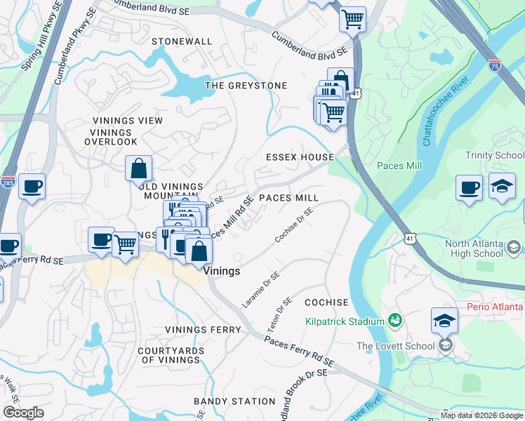map of restaurants, bars, coffee shops, grocery stores, and more near 3130 Paces Mill Road Southeast in Atlanta