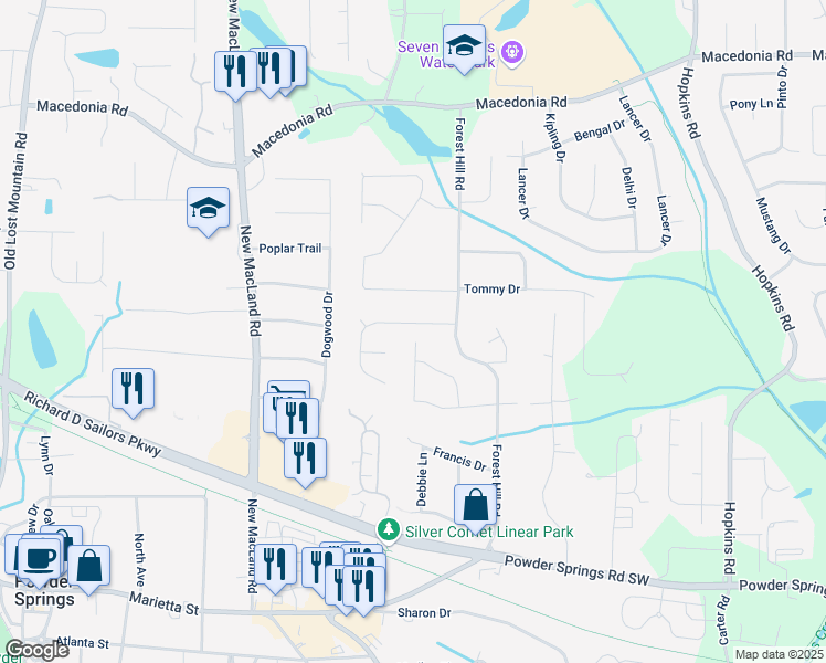 map of restaurants, bars, coffee shops, grocery stores, and more near 3951 Lindley Drive in Powder Springs