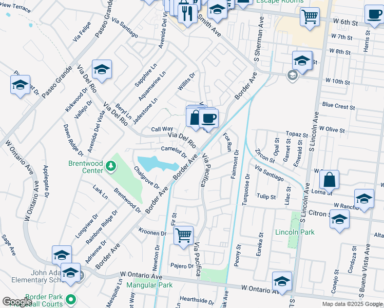map of restaurants, bars, coffee shops, grocery stores, and more near 1325 Camelot Drive in Corona