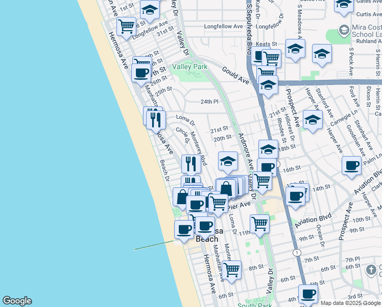 map of restaurants, bars, coffee shops, grocery stores, and more near 1926 Manhattan Avenue in Hermosa Beach