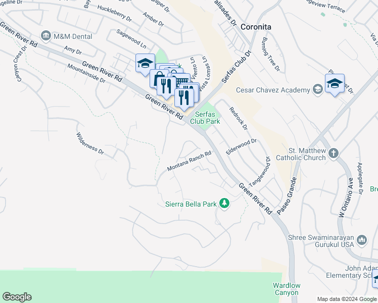 map of restaurants, bars, coffee shops, grocery stores, and more near 1526 Classico Way in Corona