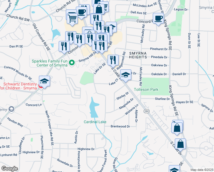 map of restaurants, bars, coffee shops, grocery stores, and more near 878 Lake Court in Smyrna
