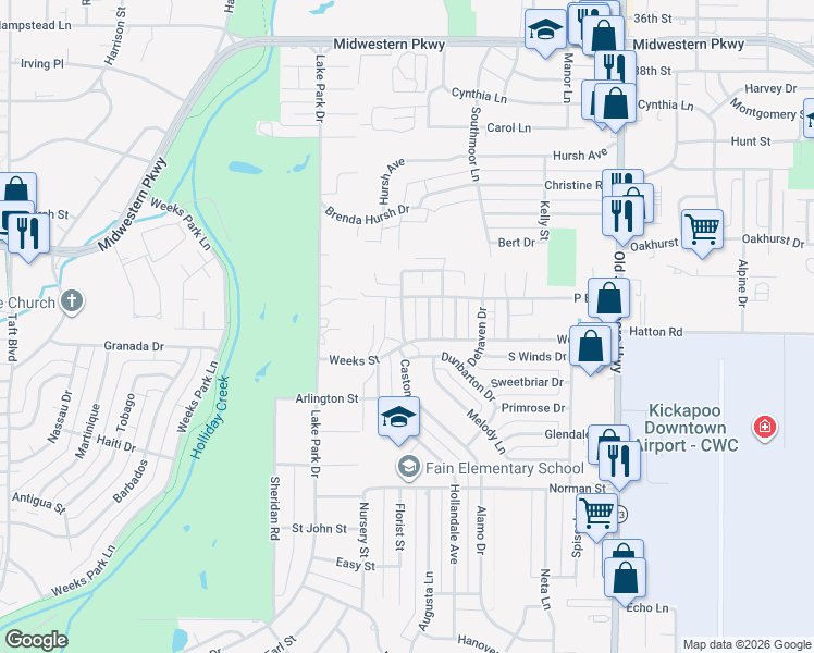 map of restaurants, bars, coffee shops, grocery stores, and more near 4302 Scottsdale Lane in Wichita Falls