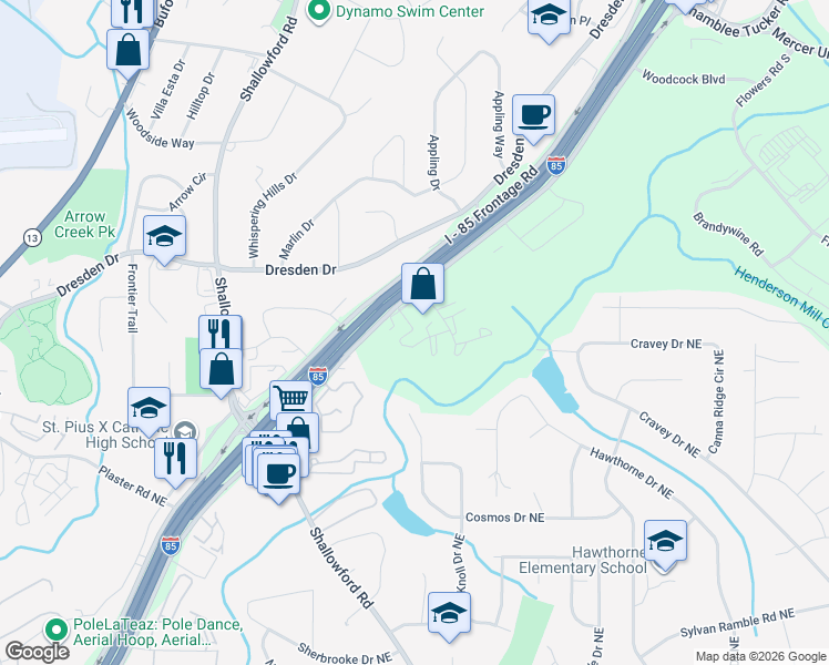 map of restaurants, bars, coffee shops, grocery stores, and more near 3077 Colonial Way in Chamblee