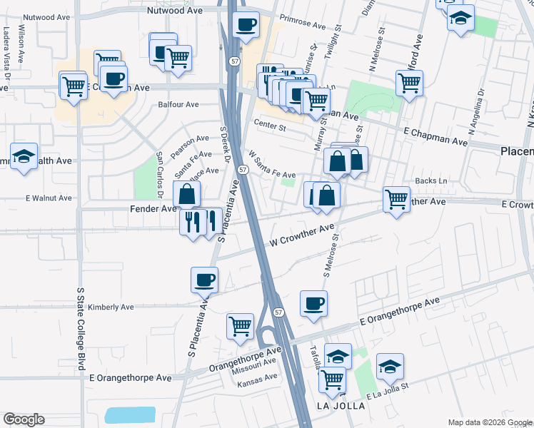 map of restaurants, bars, coffee shops, grocery stores, and more near 331 Camarillo Street in Placentia