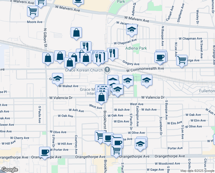 map of restaurants, bars, coffee shops, grocery stores, and more near 150 South Brookhurst Road in Fullerton