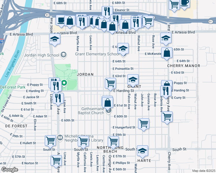map of restaurants, bars, coffee shops, grocery stores, and more near 6261 Orange Avenue in Long Beach